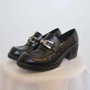 Vintage 90s black faux leather chunky faux leather platform loafers 8
